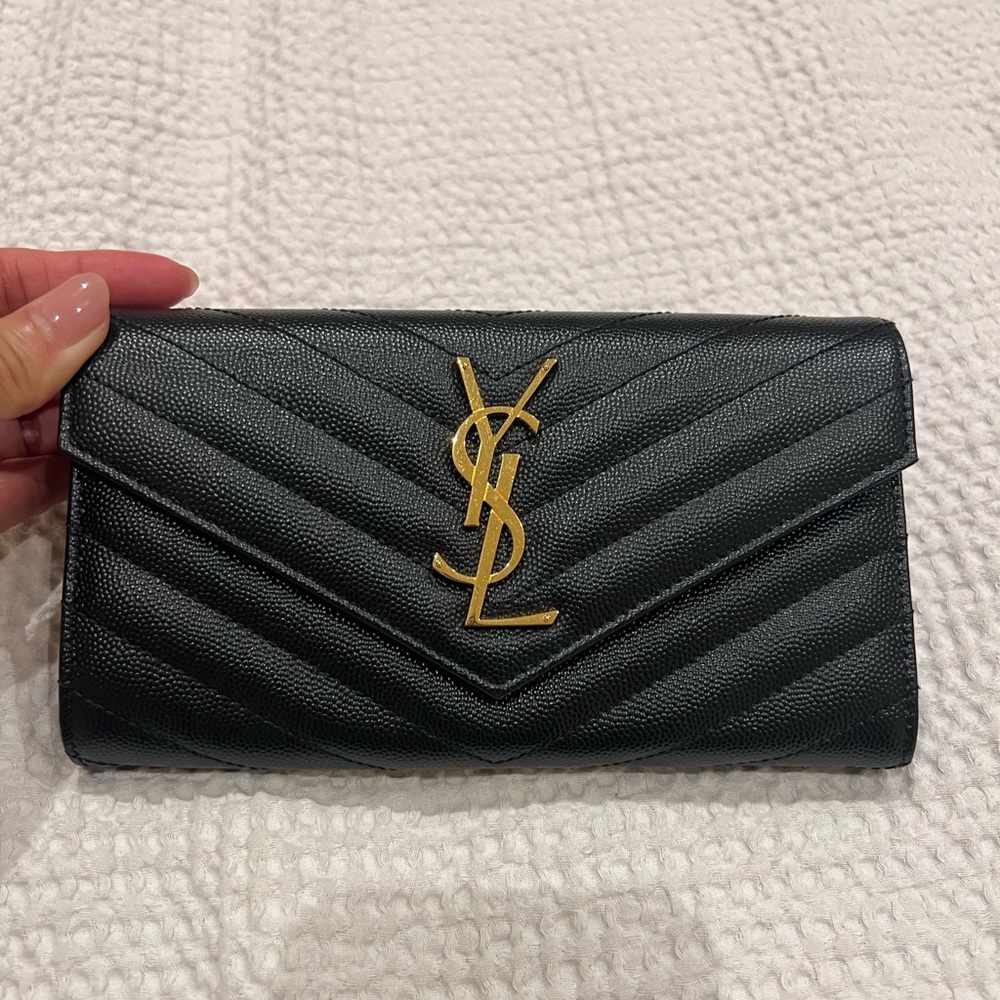 100% Authentic Yves Saint Laurent Black Chevron Wallet with Gold Logo